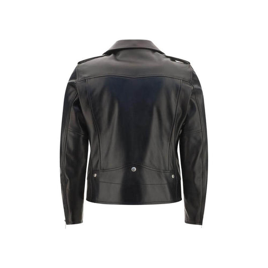 Back view of Saint Laurent lambskin leather jacket with buttoned lapels, metal details, and asymmetrical zipper closure.