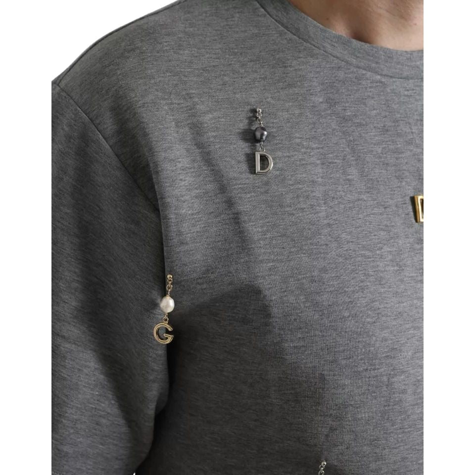 Dolce & Gabbana Gray Cotton Embellished Crew Neck T-shirt
