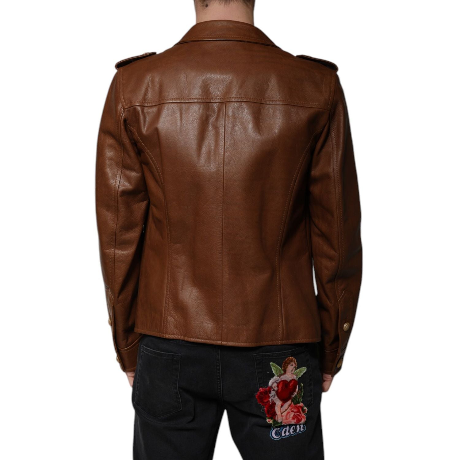 Dolce & Gabbana Brown Calfskin Leather Button Down Jacket