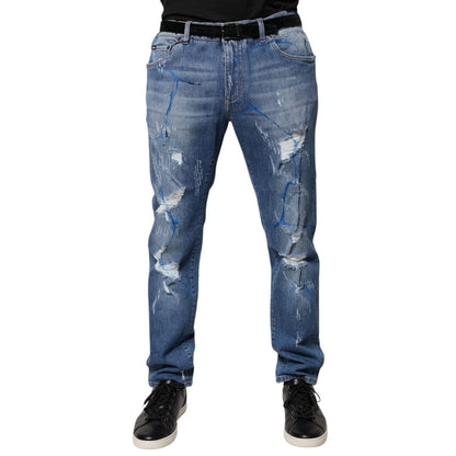 Dolce & Gabbana Blue Cotton Stretch Tattered Skinny Denim Jeans