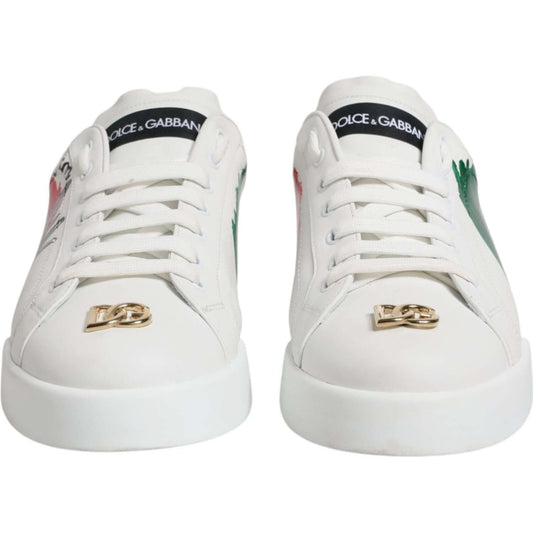 Dolce & Gabbana Portofino white sneakers with logo, made in Italy, crafted from calf leather, featuring rubber sole and lace-up design.