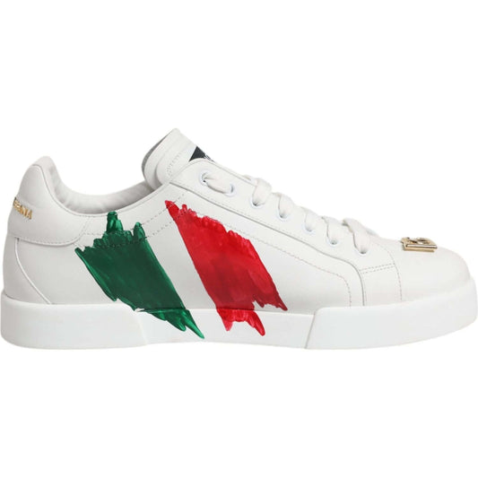 Dolce & Gabbana White Portofino Sneakers with Italian Flag Print, crafted from calf leather, featuring a rubber sole and lace-up closure.