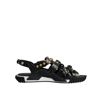 Dolce & Gabbana Black Leather Studded Slides Sandals Shoes
