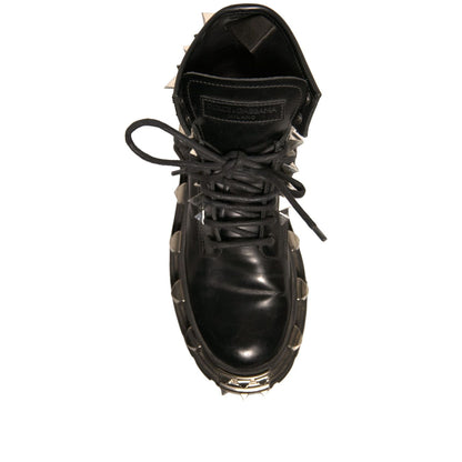 Dolce & Gabbana Black Leather Studded Trekking Boots Shoes
