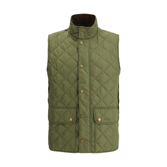 Barbour New Lowerdale Vest in olive green with diamond quilting, high collar, button and zipper front, and patch flap pockets.