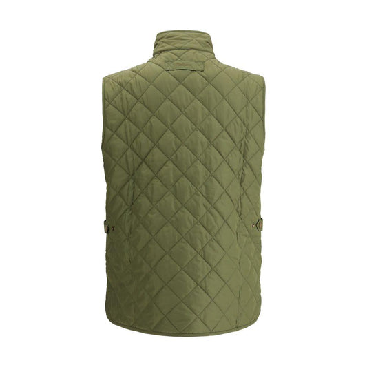 Barbour New Lowerdale Vest rear view, olive green diamond quilted design with high collar and practical flap pockets.