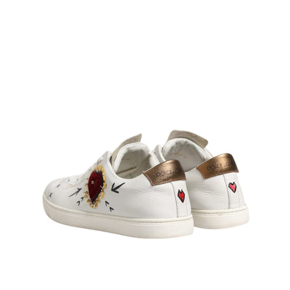 Dolce & Gabbana White Leather Heart Embellished Sneakers Shoes