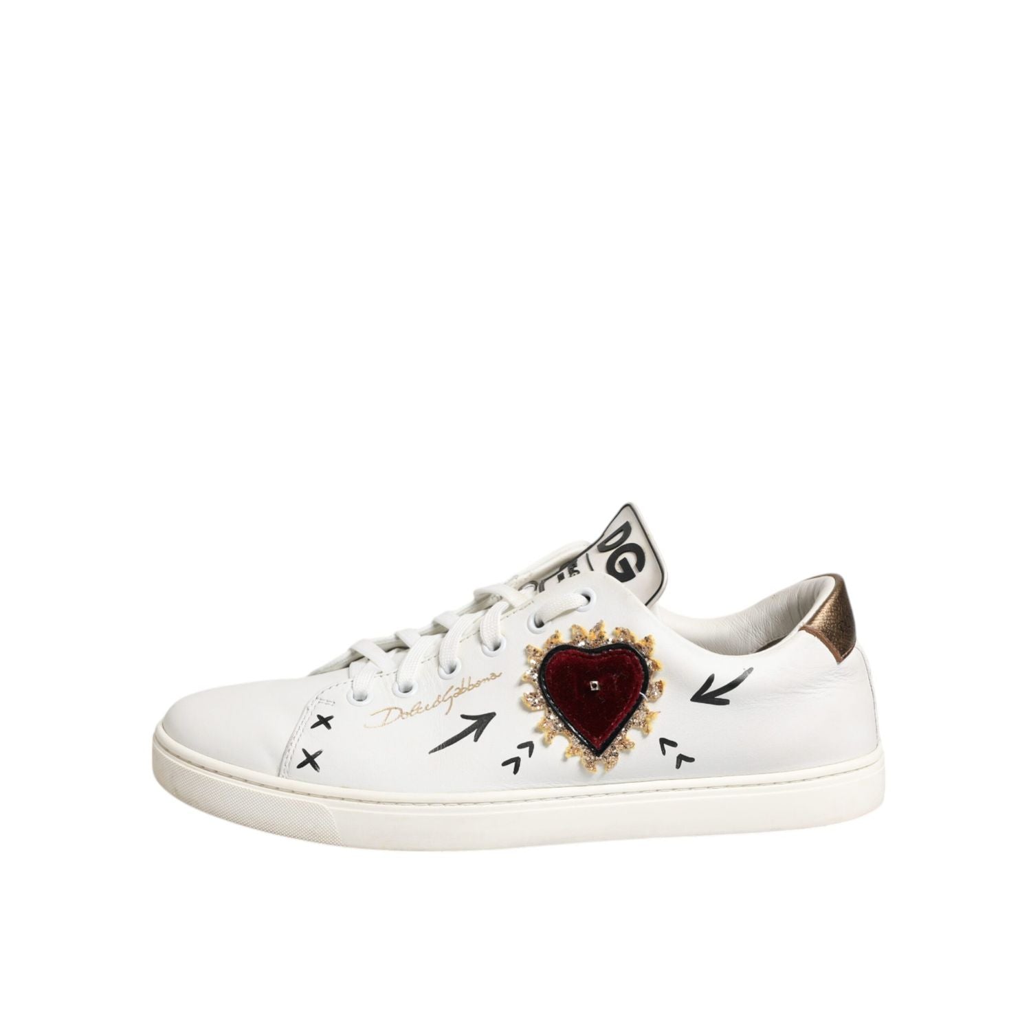 Dolce & Gabbana White Leather Heart Embellished Sneakers Shoes