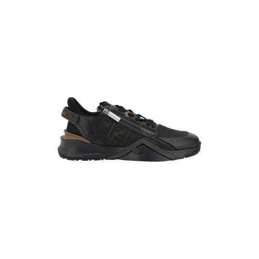Fendi Flow Running Sneakers in black with structured heel sole, geometric eyelets, and tone-on-tone logo, offering sporty style and support.