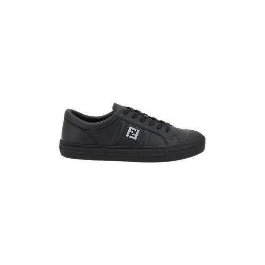 Fendi Domino leather sneakers with laces, flat sole, rounded toe, and brand logo, in black, showcasing luxury and comfort.