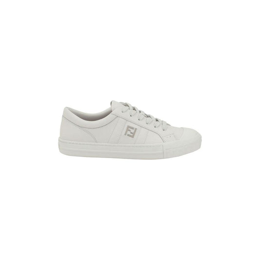 Fendi Domino leather sneakers with laces, flat sole, brand logo, rounded toe, offering a mix of comfort and luxury in a refined design.