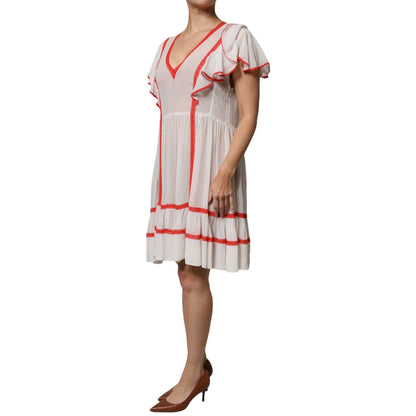 Twinset White Viscose Ruffle Sleeves A-line Pleated Mini Dress