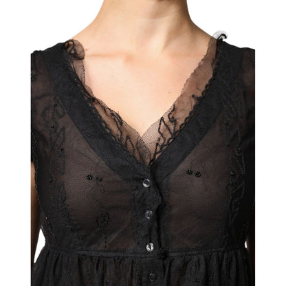 Blugirl Black Short Sleeves Floral Lace Trim A-line Mini Dress