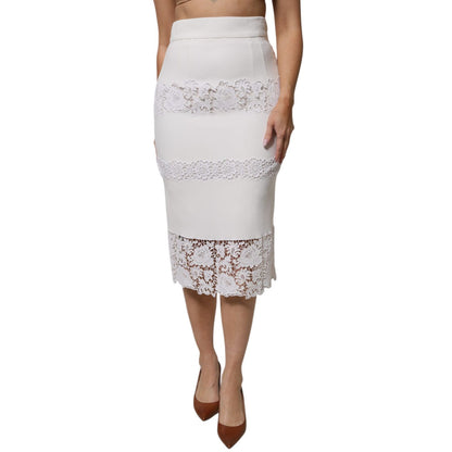 Dolce & Gabbana White Floral Lace High Waist Pencil Cut Skirt
