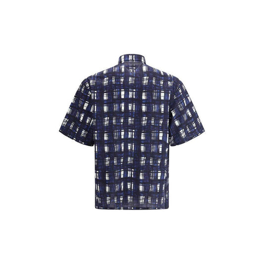 Prada Madras check pattern short-sleeve cotton shirt in navy blue, featuring elegant and versatile design, perfect for warm seasonal wear.
