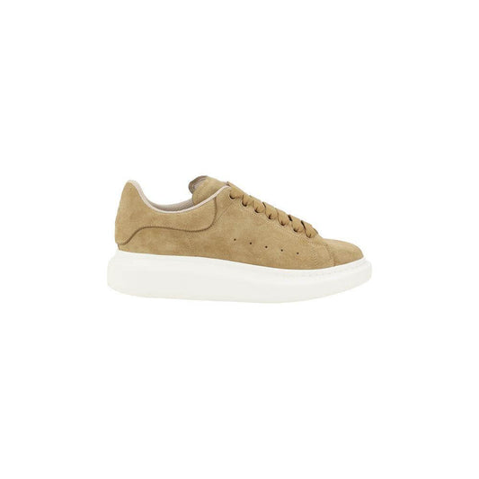 Alexander McQueen suede leather sneakers with platform sole, lace-up design, and logoed heel in a neutral color.