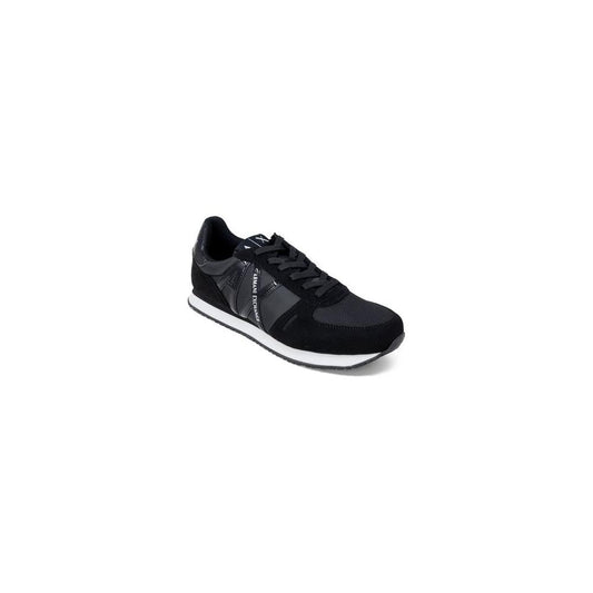Armani Exchange Black Polyester Sneaker with Logo Print, Faux Leather and Mesh, Lace-up Design, Flexible Sole, Round Toe, Flat Heel.