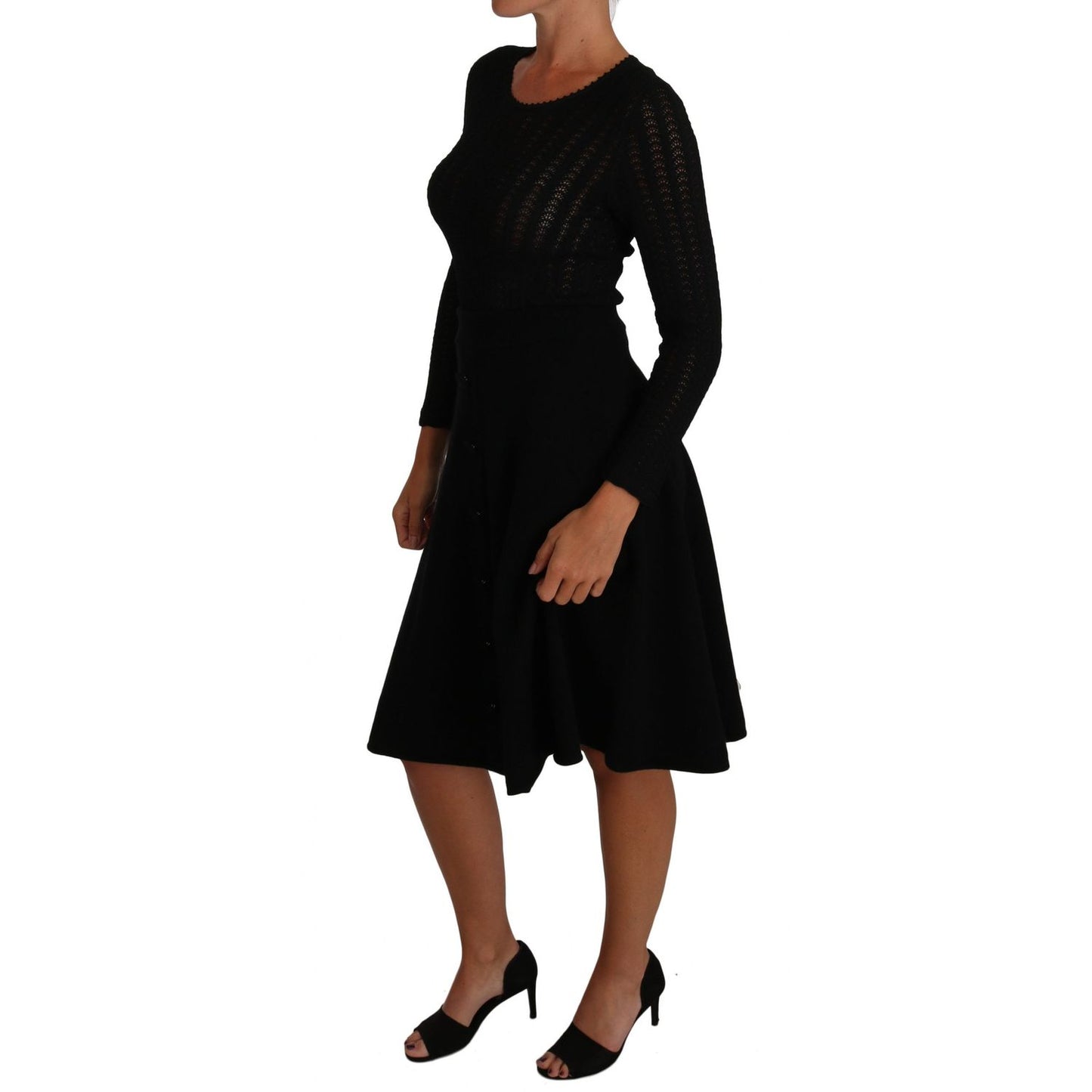 Dolce & Gabbana Black Knitted Wool Sheath Long Sleeves Dress