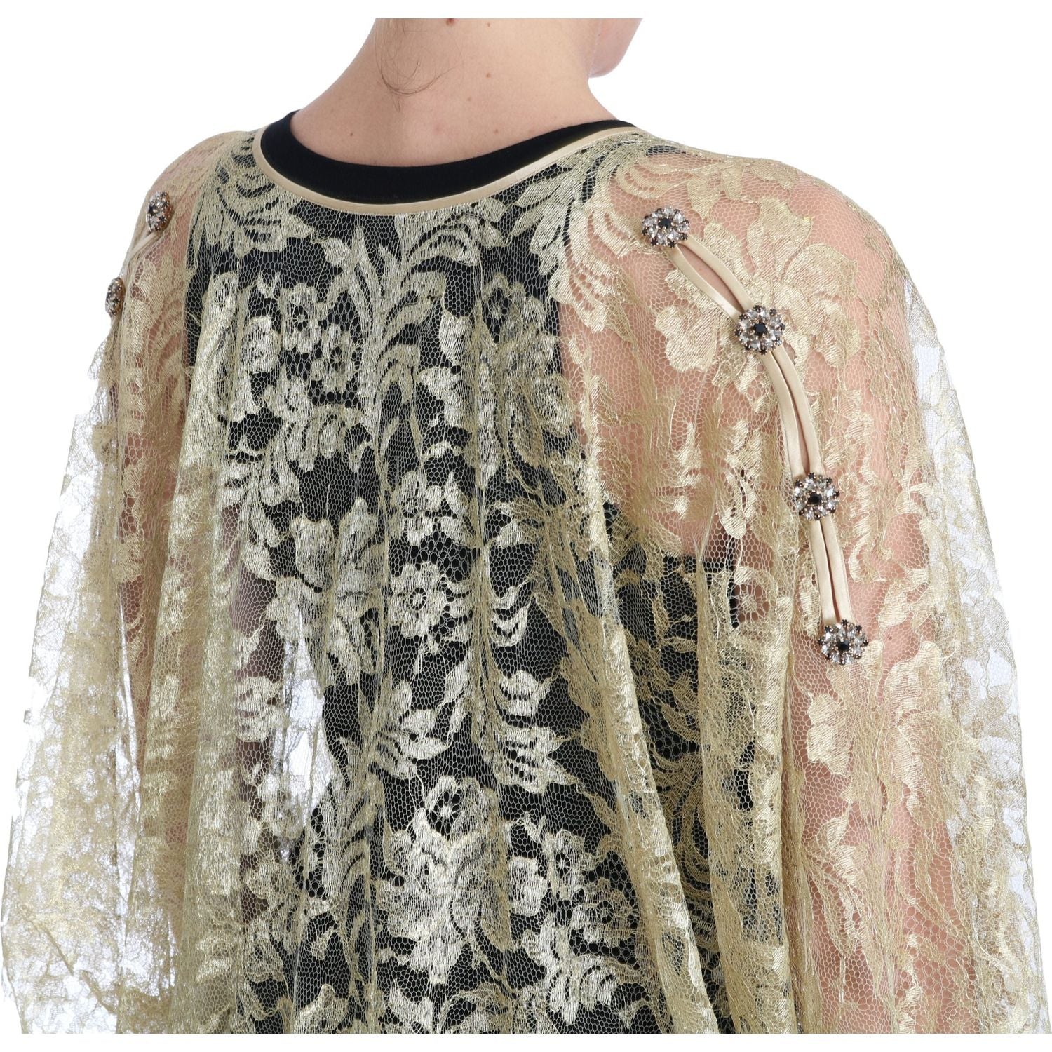 Dolce & Gabbana Gold Floral Lace Crystal Gown Cape Dress