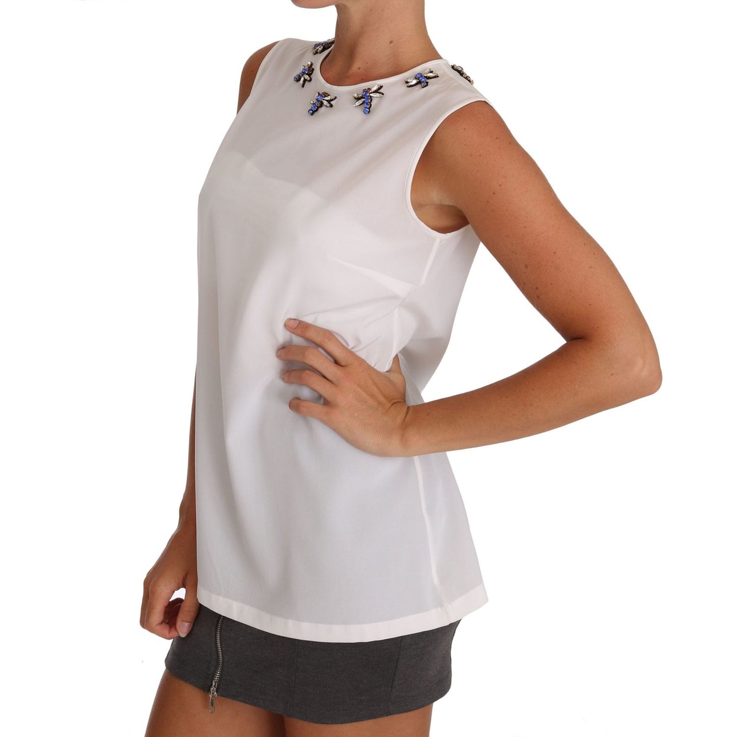 Dolce & Gabbana White Silk Crystal Embellished Fly T-shirt