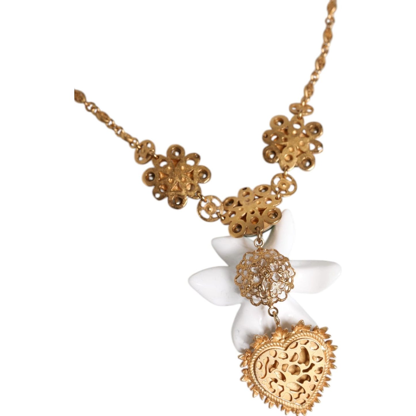 Dolce & Gabbana Gold Brass Lily Crystal Sacred Heart Pendant Necklace