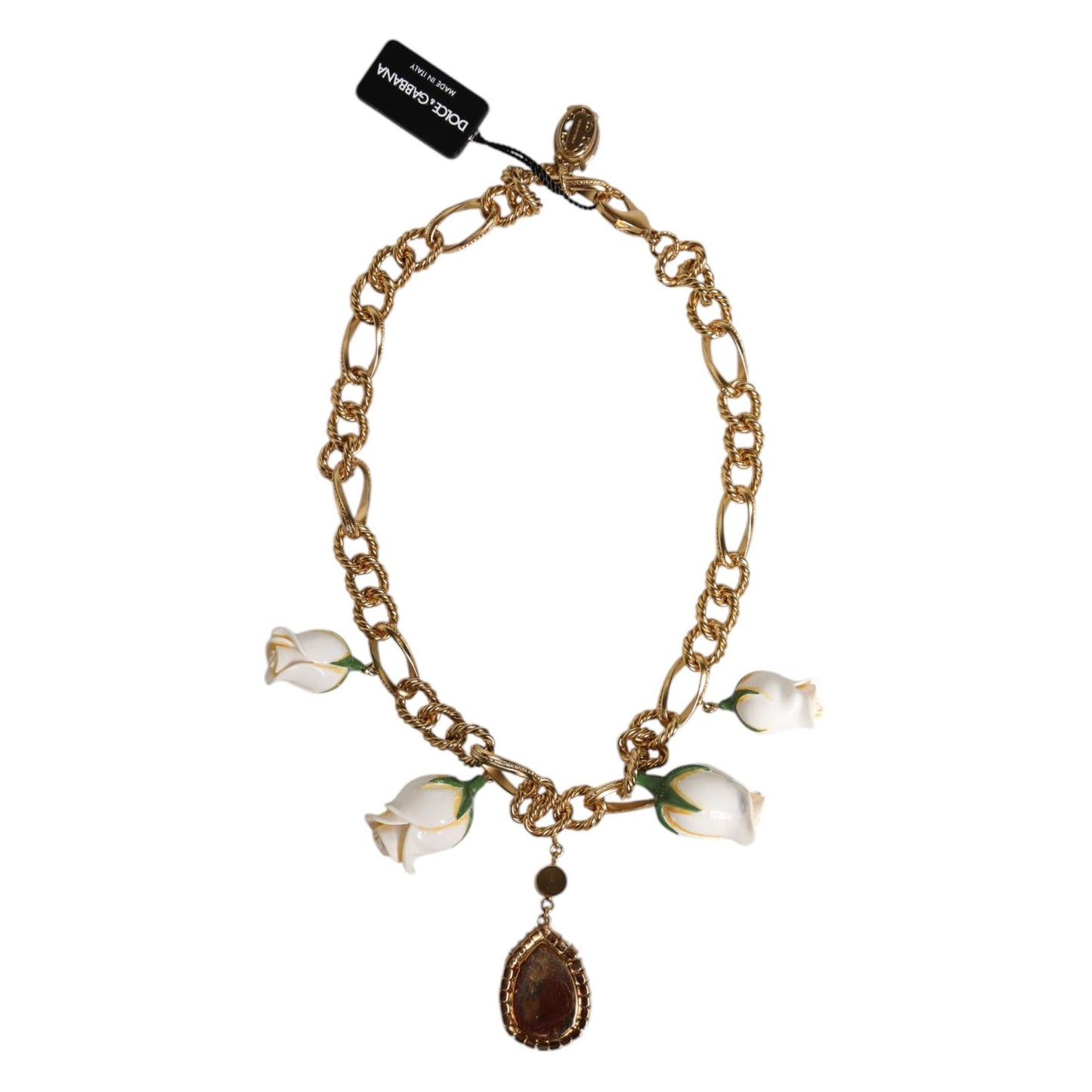 Dolce & Gabbana Gold Brass Short Chain Flower Crystal Pendant Necklace