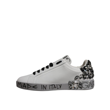 Dolce & Gabbana White Silver Crystal Logo Portofino Sneakers Shoes