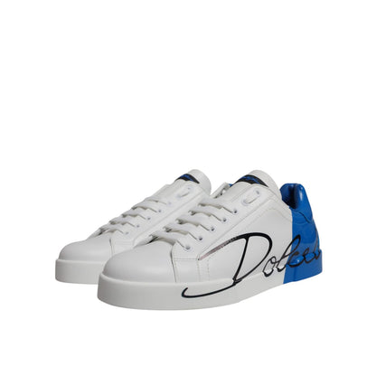 Dolce & Gabbana White Blue Leather Logo Low Top Sneakers Shoes