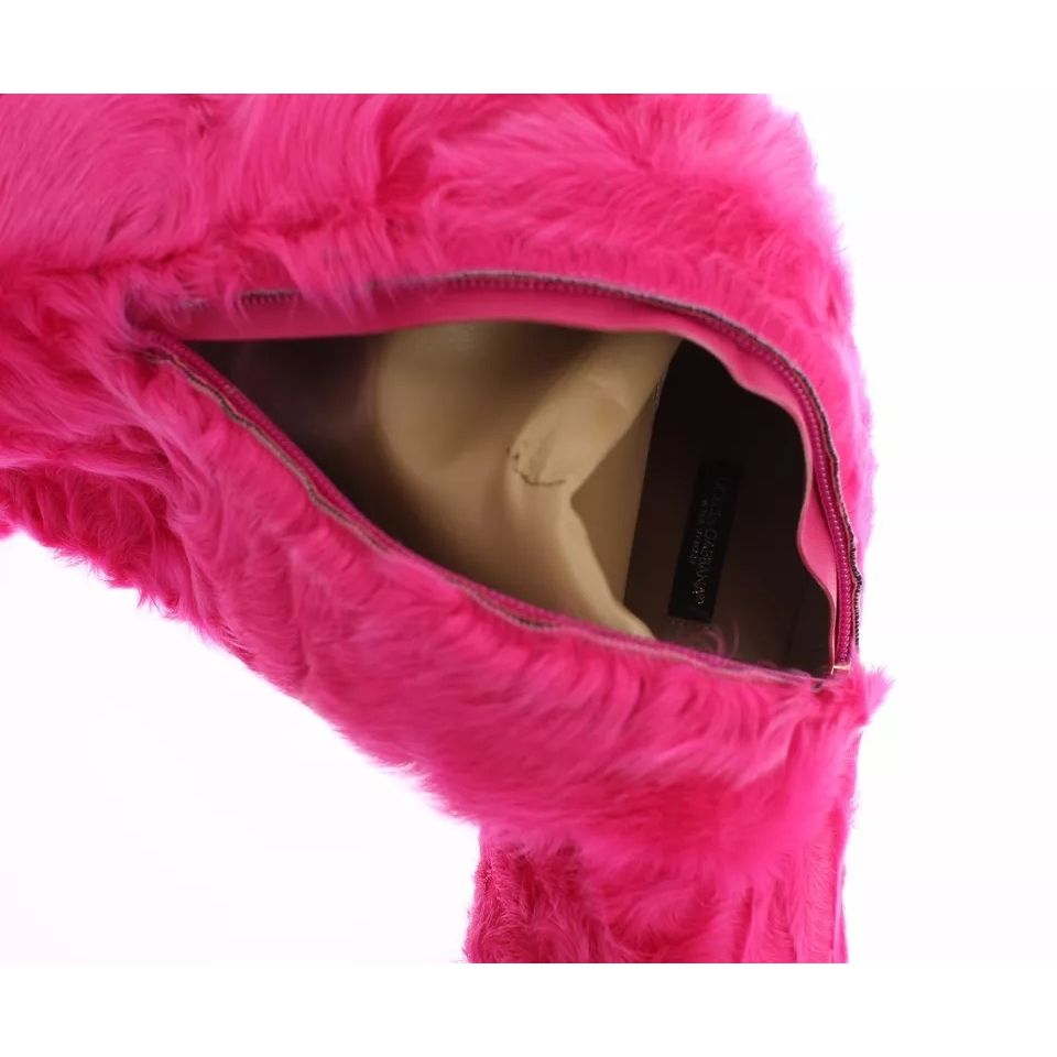 Dolce & Gabbana Pink Lamb Fur Leather Flat Boots Shoes