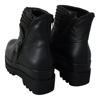 Ovyé Black Leather Zipper Ankle Boots Shoes