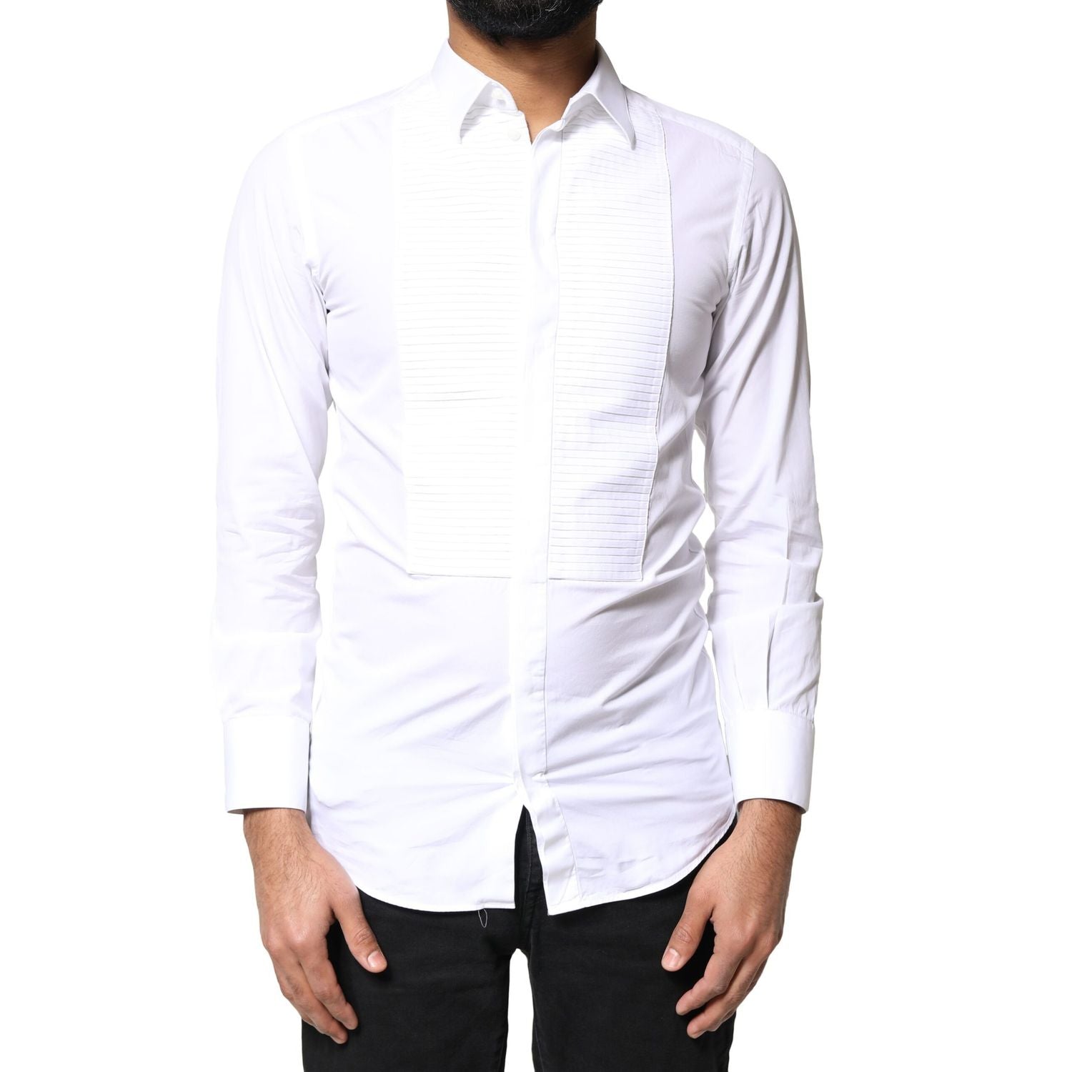 Dolce & Gabbana White GOLD Cotton Poplin Bib Men Dress Shirt