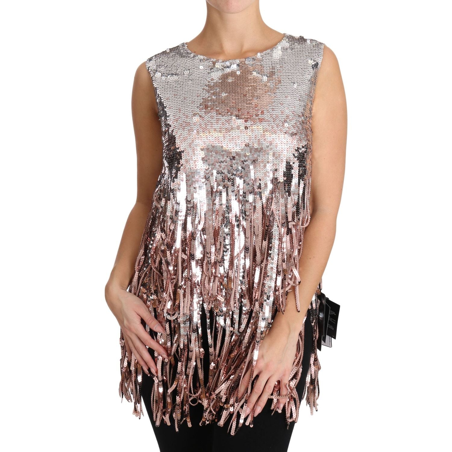 Dolce & Gabbana Golden Pink Sequined Fringe Tank Top