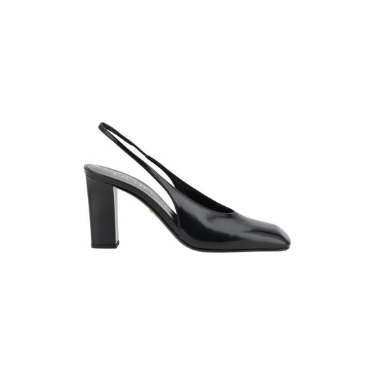 Prada leather pumps with square toe, black color, elasticized slingback, geometric heel, and iconic monogram for modern elegance.