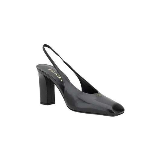 Prada leather Décolleté slingback pumps with square toe, iconic monogram, geometric heel, and branded insole for elegant style.