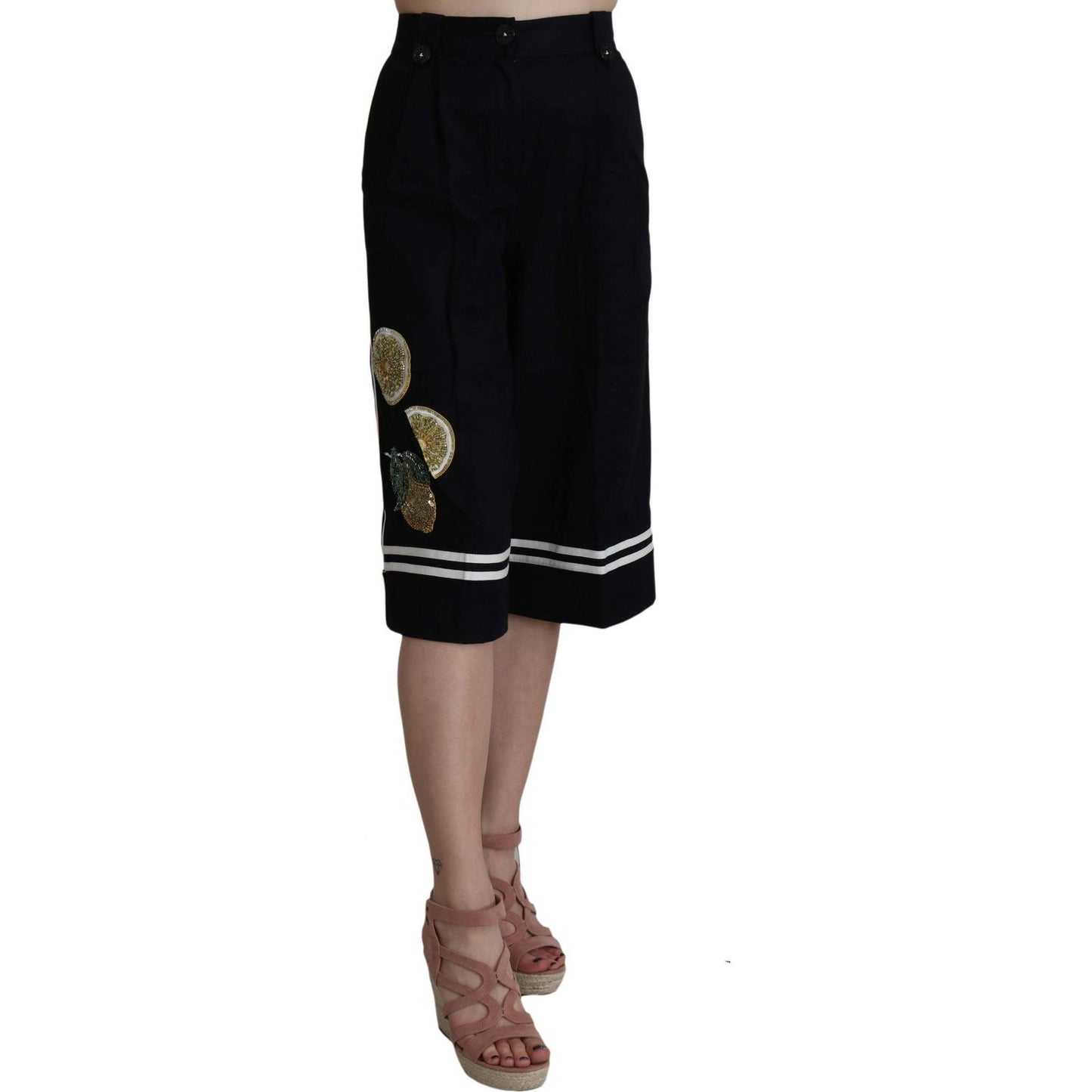 Dolce & Gabbana Black Cotton Cropped Embellished Pants