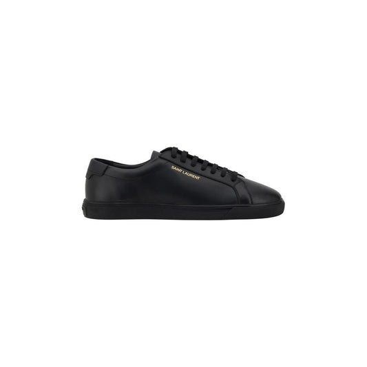 Black Saint Laurent leather sneakers with monogram, round toe, and lace-up closure.