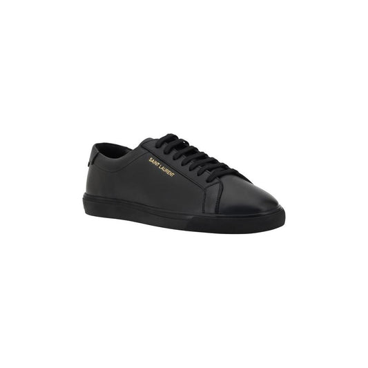 Saint Laurent black leather sneakers with lace-up closure and side monogram, offering sleek contemporary style and a comfortable fit.