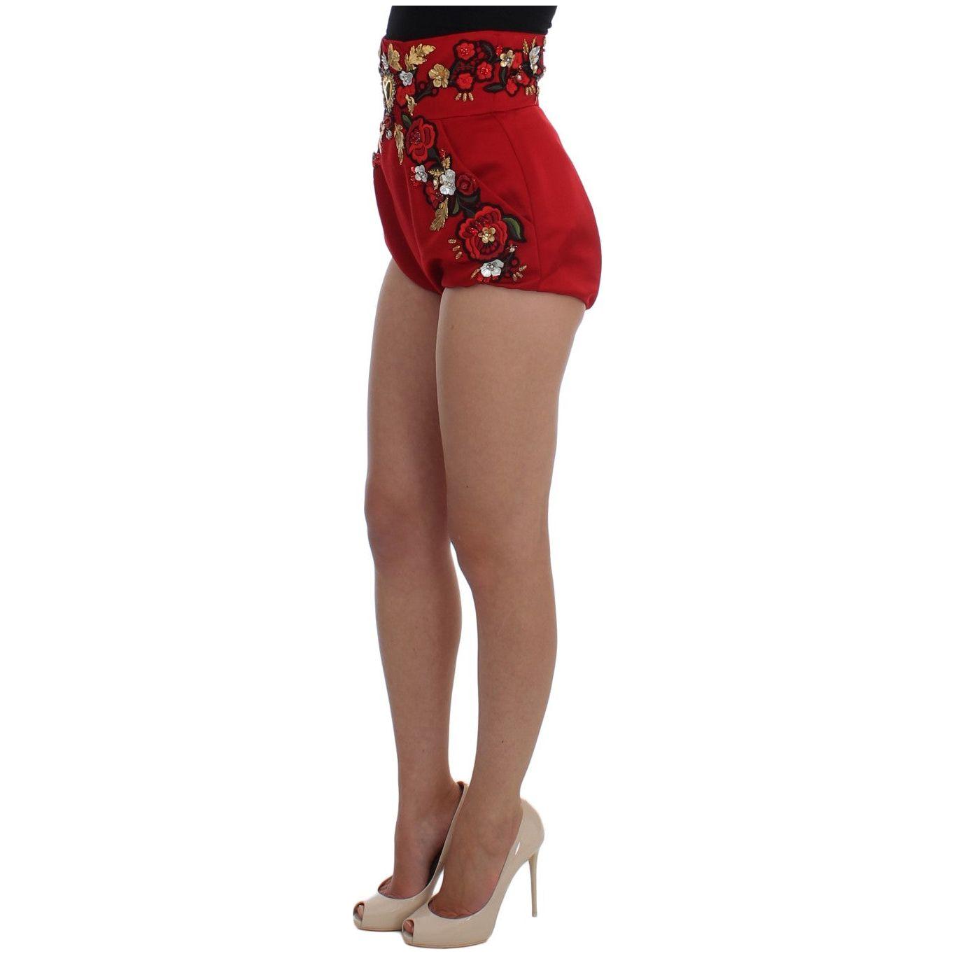Dolce & Gabbana Red Silk Crystal Roses Shorts