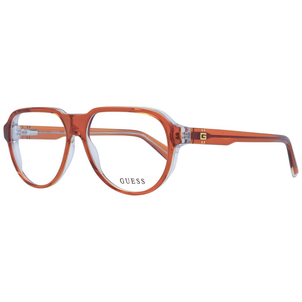 Guess Orange Men Glasses Frame, acetate full-rim aviator style with demo lenses, spring hinge, includes branded case, size 56-14-145.