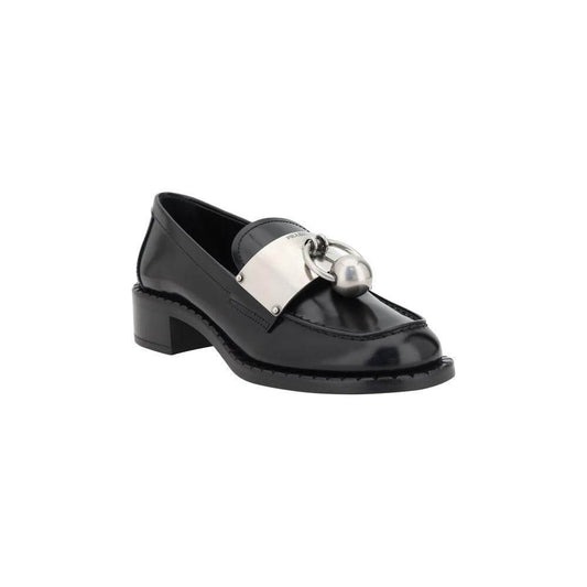 Prada leather women's loafer with block heel and squared toe, featuring logo-embossed metal plaque and sleek design for modern elegance.