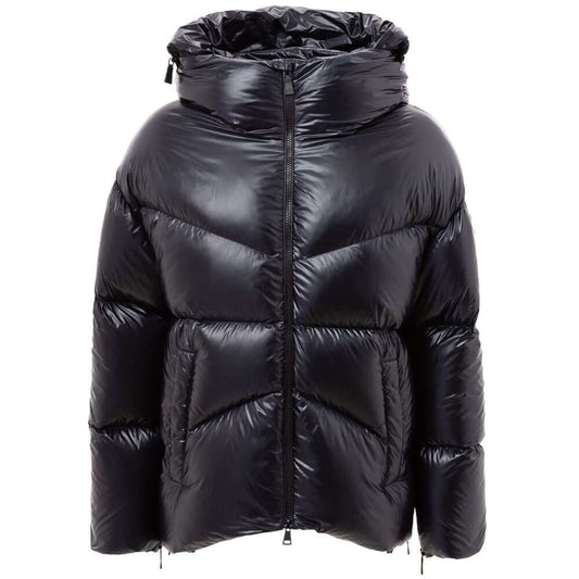 Blue polyamide hooded jacket with concealed logo and side zip pockets; lightweight, warm, and comfortable for all occasions.