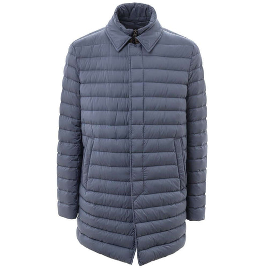 Herno navy blue polyester long padded down jacket with zip closure and side pockets, warm and lightweight for any occasion.