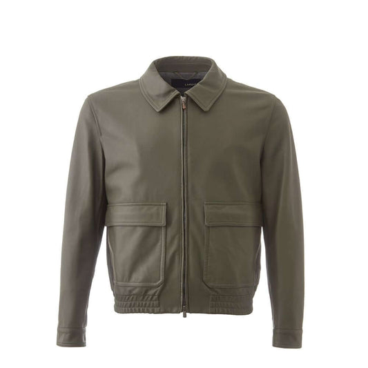 Lardini Green Leather Jacket with maxi pockets, front zip, shirt collar, elastic waistband, and partially lined, 100% leather.