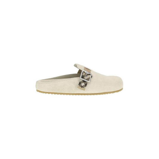 Burberry Clogs Urchin Sandals in suede with Archivio Check strap, round toe, and flat sole for style and comfort.