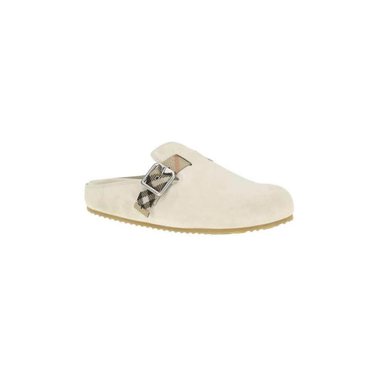 Burberry Clogs Urchin Sandals with suede design and adjustable Archivio Check strap, featuring a round toe and flat sole for comfort.