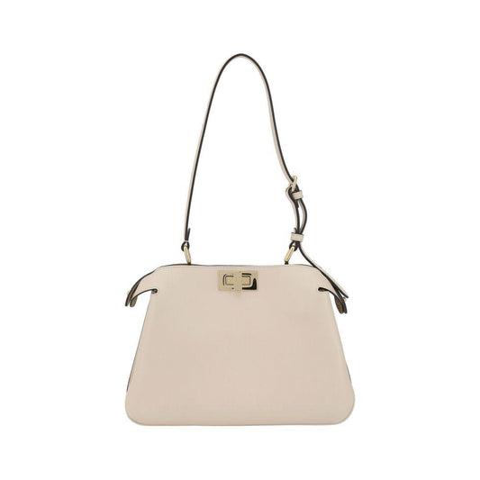 Fendi Peekaboo leather shoulder bag with adjustable top handle and hook-and-eye closure, blending elegance and practicality.