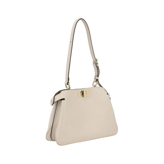 Fendi Peekaboo leather shoulder bag with adjustable strap and hook-and-eye closure, showcasing elegant and practical design.