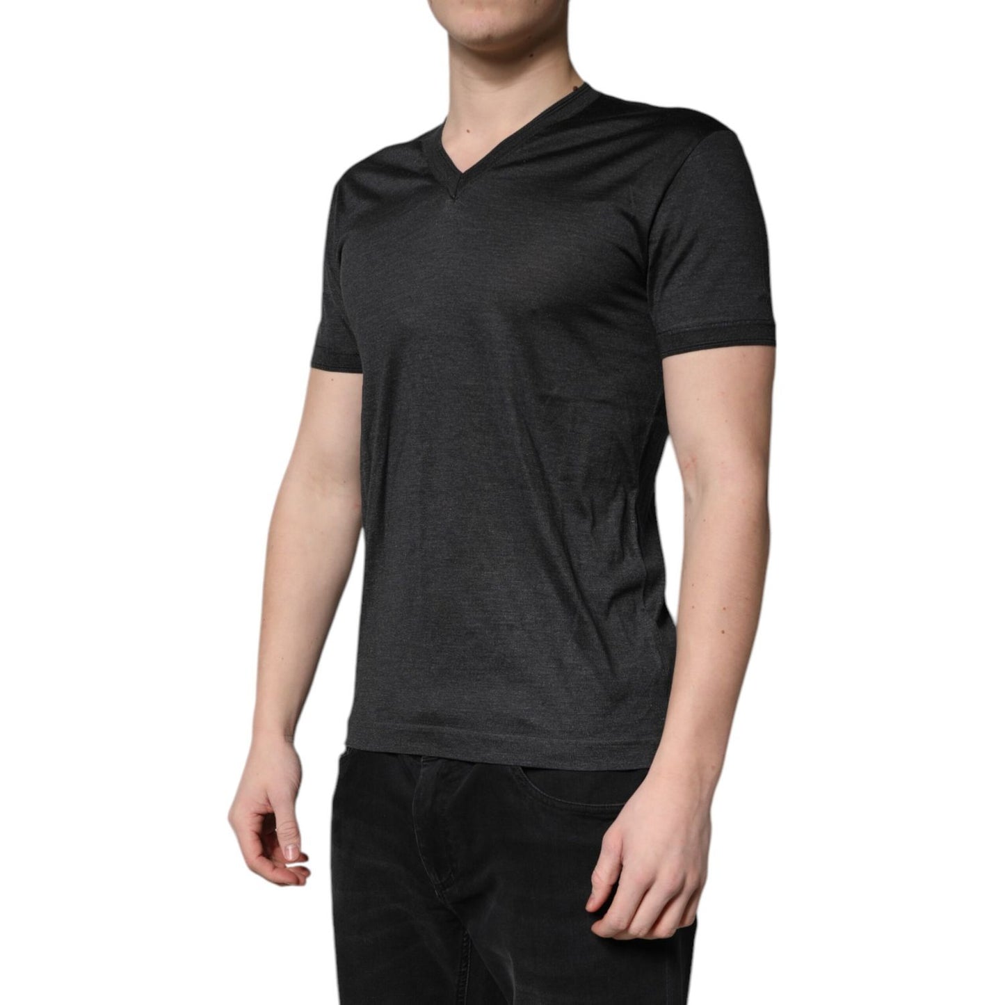 Dolce & Gabbana Dark Gray Silk V-neck Short Sleeves T-shirt