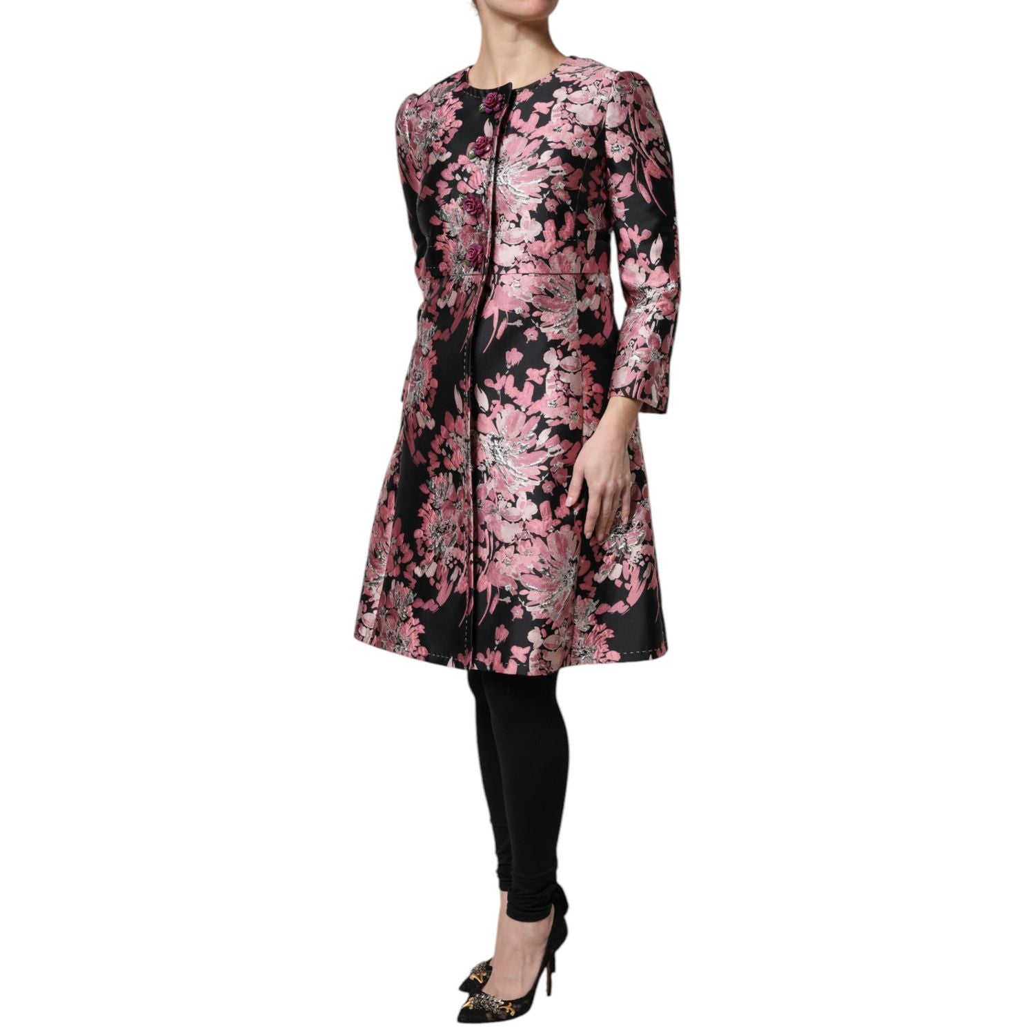 Dolce & Gabbana Pink Black Floral Brocade Trenchcoat Jacket