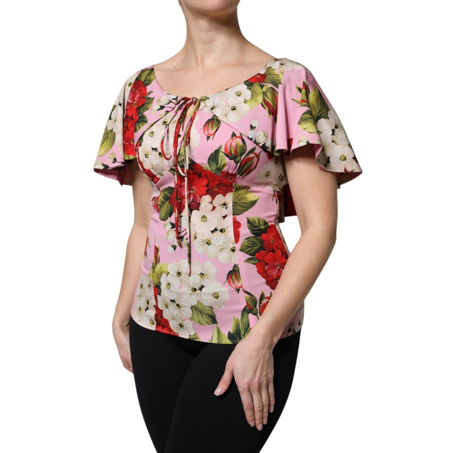 Dolce & Gabbana Pink Floral Silk Short Sleeves Blouse Top